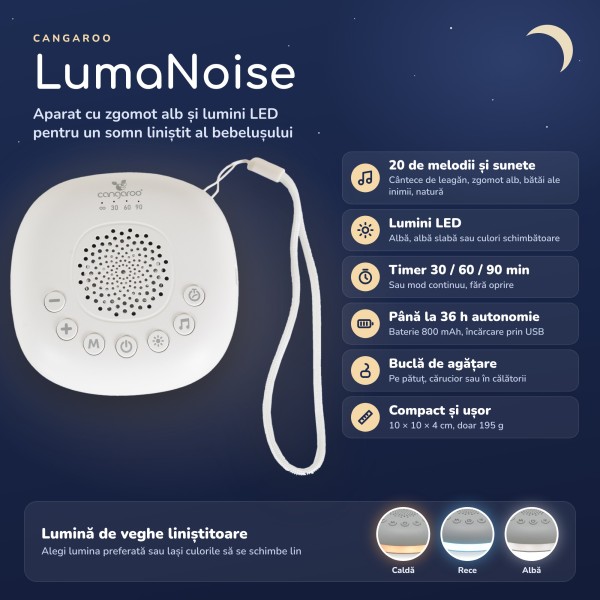 Aparat Sunete Albe Bebelusi Cangaroo Luma Noice, 20 Sunete, LED Color, Cronometru, 36h Baterie, Portabil