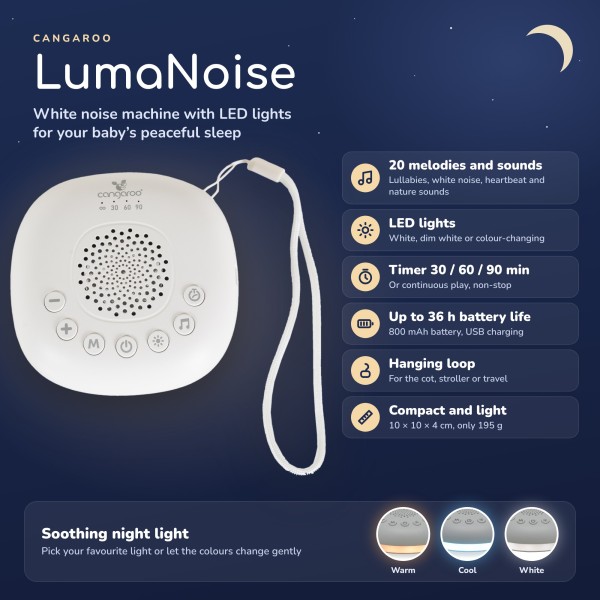 Aparat Sunete Albe Bebelusi Cangaroo Luma Noice, 20 Sunete, LED Color, Cronometru, 36h Baterie, Portabil