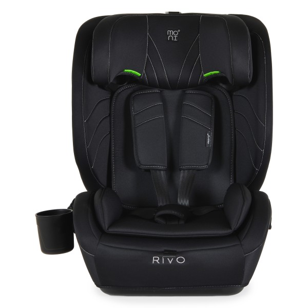 Scaun Auto Moni Rivo Black i-Size, 9-36 kg, 76-150 cm, Ham 5 Puncte, Tetieră Reglabilă, 1-12 Ani, Suport Pahar