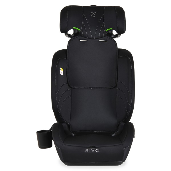 Scaun Auto Moni Rivo Black i-Size, 9-36 kg, 76-150 cm, Ham 5 Puncte, Tetieră Reglabilă, 1-12 Ani, Suport Pahar
