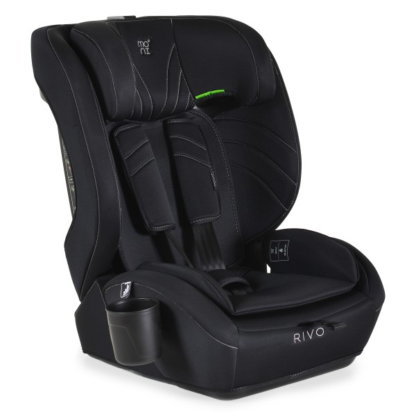 Scaun Auto Moni Rivo Black i-Size, 9-36 kg, 76-150 cm, Ham 5 Puncte, Tetieră Reglabilă, 1-12 Ani, Suport Pahar
