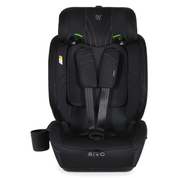 Scaun Auto Moni Rivo Black i-Size, 9-36 kg, 76-150 cm, Ham 5 Puncte, Tetieră Reglabilă, 1-12 Ani, Suport Pahar