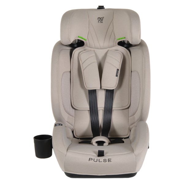 Scaun Auto cu ISOFIX Moni Pulse Beige i-Size, Top Tether, 9-36 kg, 76-150 cm, Ham 5 Puncte, Tapițerie Detașabilă, 1-12 Ani