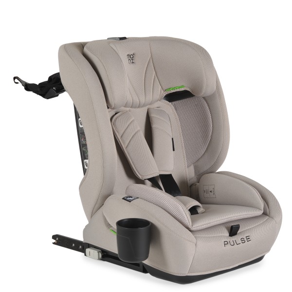 Scaun Auto cu ISOFIX Moni Pulse Beige i-Size, Top Tether, 9-36 kg, 76-150 cm, Ham 5 Puncte, Tapițerie Detașabilă, 1-12 Ani