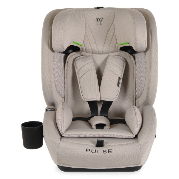 Scaun Auto cu ISOFIX Moni Pulse Beige i-Size, Top Tether, 9-36 kg, 76-150 cm, Ham 5 Puncte, Tapițerie Detașabilă, 1-12 Ani