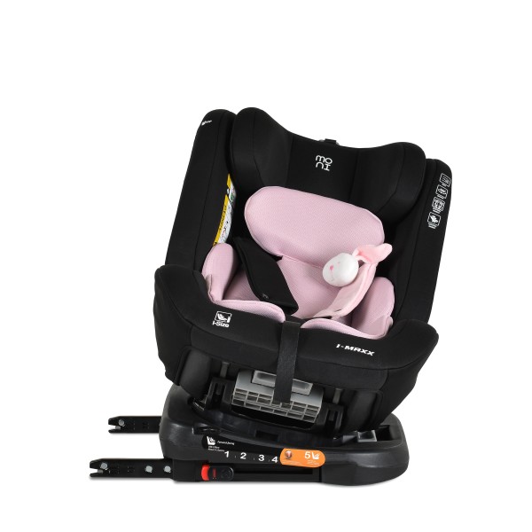 Scaun Auto cu ISOFIX Moni i-Maxx Pink i-Size, Rotativ 360°, 40-150 cm, Față și Spate, Spumă Memorie, Cataramă BIP, 0-12 Ani