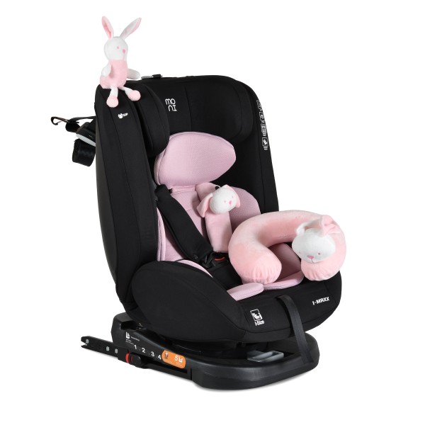 Scaun Auto cu ISOFIX Moni i-Maxx Pink i-Size, Rotativ 360°, 40-150 cm, Față și Spate, Spumă Memorie, Cataramă BIP, 0-12 Ani