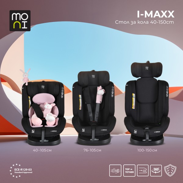 Scaun Auto cu ISOFIX Moni i-Maxx Pink i-Size, Rotativ 360°, 40-150 cm, Față și Spate, Spumă Memorie, Cataramă BIP, 0-12 Ani