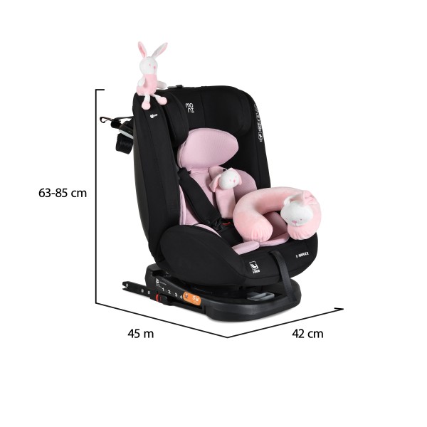 Scaun Auto cu ISOFIX Moni i-Maxx Pink i-Size, Rotativ 360°, 40-150 cm, Față și Spate, Spumă Memorie, Cataramă BIP, 0-12 Ani