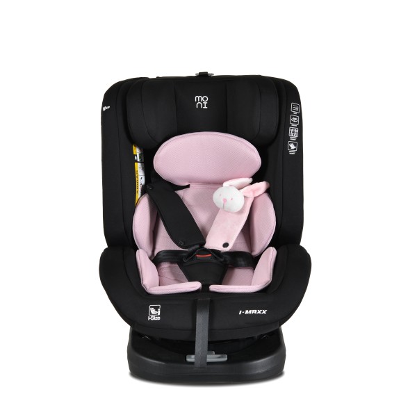Scaun Auto cu ISOFIX Moni i-Maxx Pink i-Size, Rotativ 360°, 40-150 cm, Față și Spate, Spumă Memorie, Cataramă BIP, 0-12 Ani