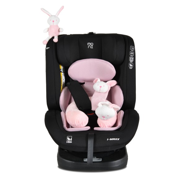Scaun Auto cu ISOFIX Moni i-Maxx Pink i-Size, Rotativ 360°, 40-150 cm, Față și Spate, Spumă Memorie, Cataramă BIP, 0-12 Ani