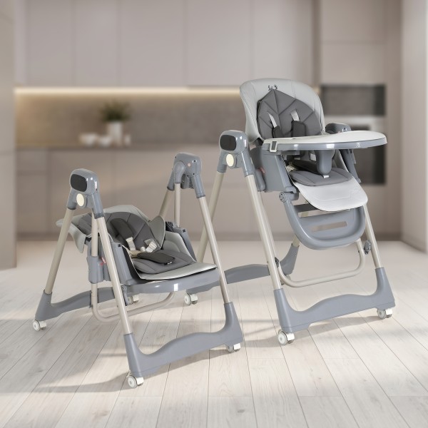 Scaun Înalt cu Balansoar Moni Fuji 2 în 1Grey, Ecran Tactil LED, Telecomandă, 0+ Luni - 3 Ani