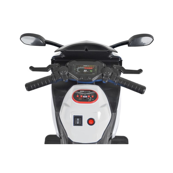 Motocicletă electrică pentru copii Moni Hurricane White 6V 7Ah cu lumini LED, MP3 și USB, 3-8 ani, 30 kg