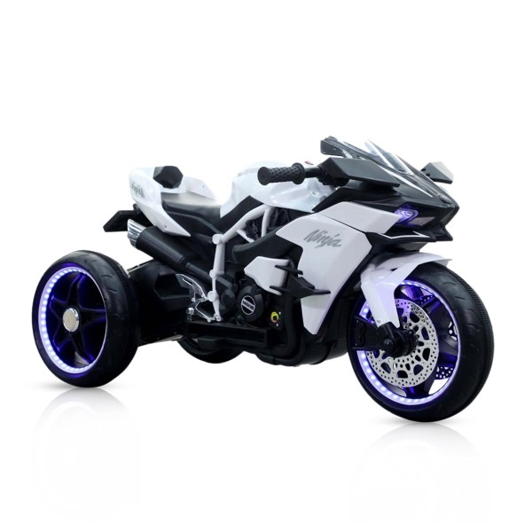 Motocicletă Electrică pentru Copii Moni Ninja White 12V 7Ah, 3-8 Ani, Lumini LED, MP3, Viteză 7 km/h, Roți Luminoase