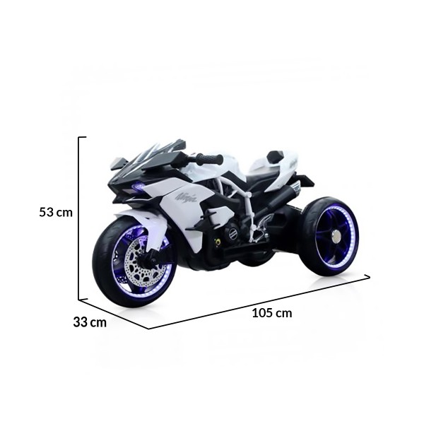 Motocicletă Electrică pentru Copii Moni Ninja White 12V 7Ah, 3-8 Ani, Lumini LED, MP3, Viteză 7 km/h, Roți Luminoase