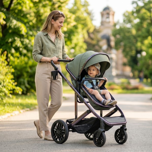 Cărucior Combinat Moni All Road 2 în 1 Dark Green cu Scaun Auto i-Size Inclus, Cadru Aluminiu, Scaun Reversibil, 0-4 Ani