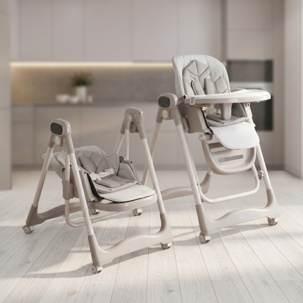 Scaun Înalt cu Balansoar Moni Fuji 2 în 1Beige, Ecran Tactil LED, Telecomandă, 0+ Luni - 3 Ani