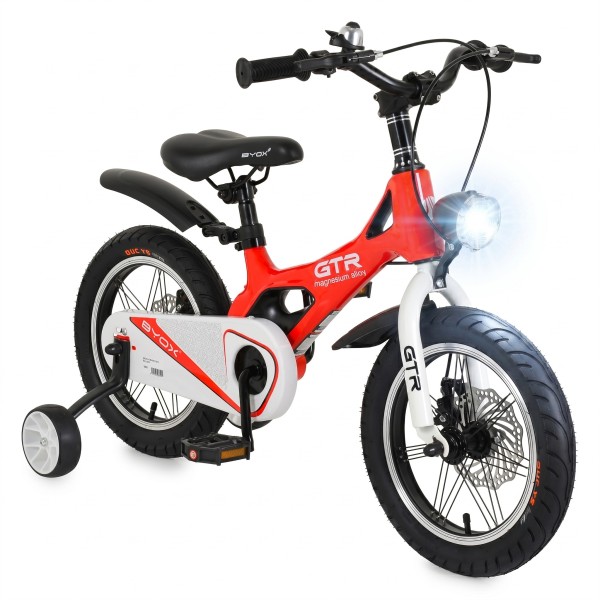 Bicicleta copii Byox GTR Red 14 inch, 3-5 ani, cadru magneziu, frane disc, roti ajutatoare, far LED