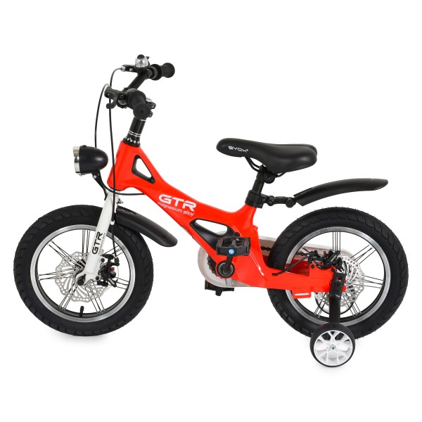 Bicicleta copii Byox GTR Red 14 inch, 3-5 ani, cadru magneziu, frane disc, roti ajutatoare, far LED