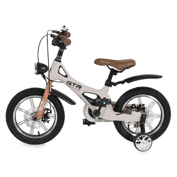 Bicicleta copii Byox GTR Beige 14 inch, 3-5 ani, cadru magneziu, frane disc, roti ajutatoare, far LED