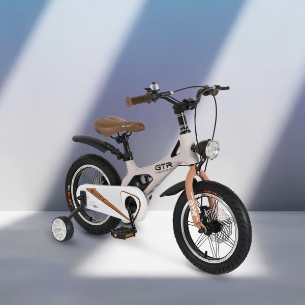 Bicicleta copii Byox GTR Beige 14 inch, 3-5 ani, cadru magneziu, frane disc, roti ajutatoare, far LED
