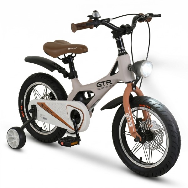 Bicicleta copii Byox GTR Beige 14 inch, 3-5 ani, cadru magneziu, frane disc, roti ajutatoare, far LED