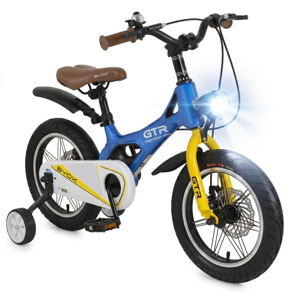 Bicicleta copii Byox GTR Blue 14 inch, 3-5 ani, cadru magneziu, frane disc, roti ajutatoare, far LED