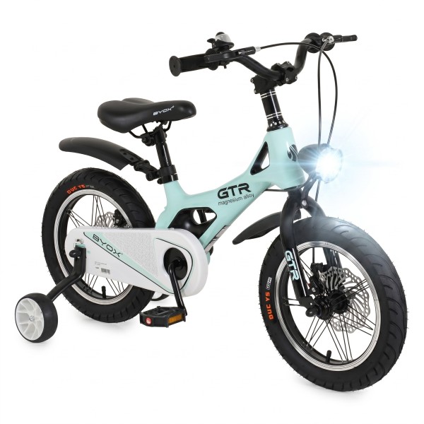Bicicleta copii Byox GTR Mint 14 inch, 3-5 ani, cadru magneziu, frane disc, roti ajutatoare, far LED