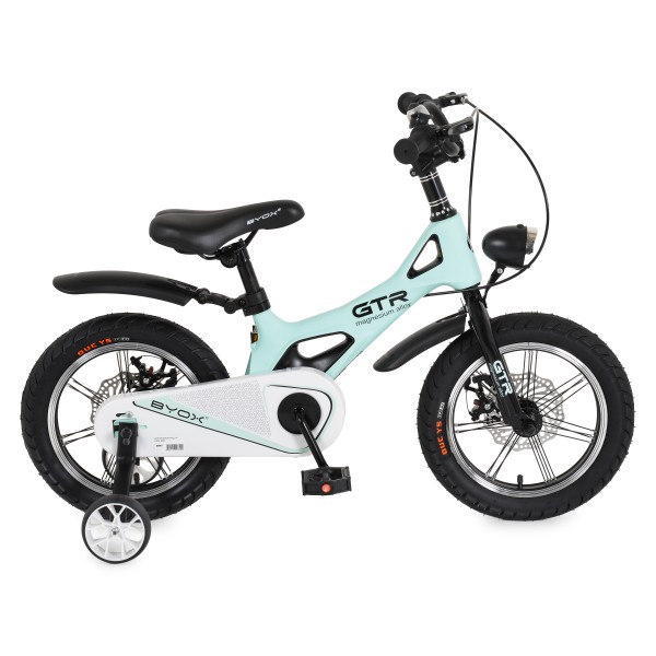Bicicleta copii Byox GTR Mint 14 inch, 3-5 ani, cadru magneziu, frane disc, roti ajutatoare, far LED