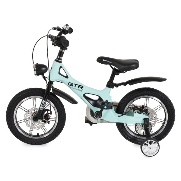 Bicicleta copii Byox GTR Mint 14 inch, 3-5 ani, cadru magneziu, frane disc, roti ajutatoare, far LED