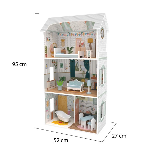 Casa de Papusi din Lemn, Moni Toys Colorat, 3 etaje, 9 piese de mobilier, Dimensiune 27x52x95 cm, Varsta recomandata 3 ani +