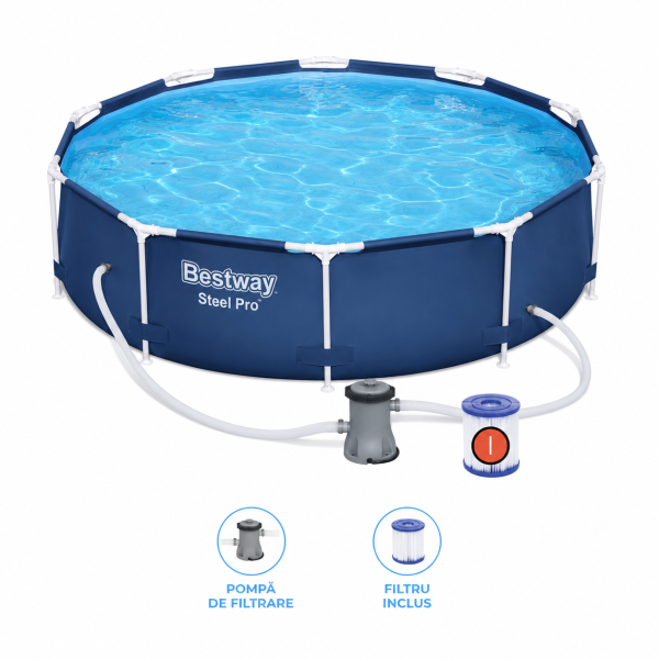 Piscina cu Pompa de Filtrare si Filtru Bestway Steel Pro, Cadru Metalic, Dimensiune 3.05m x 76cm