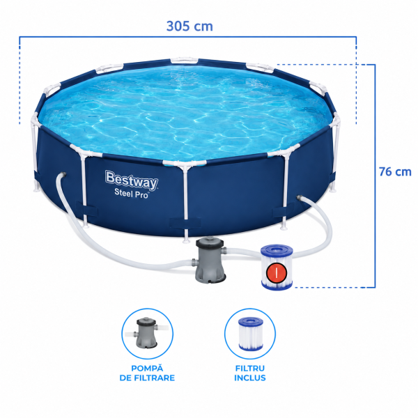 Piscina cu Pompa de Filtrare si Filtru Bestway Steel Pro, Cadru Metalic, Dimensiune 3.05m x 76cm