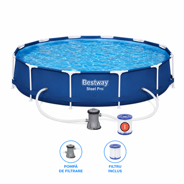 Piscina cu Pompa de Filtrare si Filtru Bestway Steel Pro, Cadru Metalic, Dimensiune 3.66m x 76cm