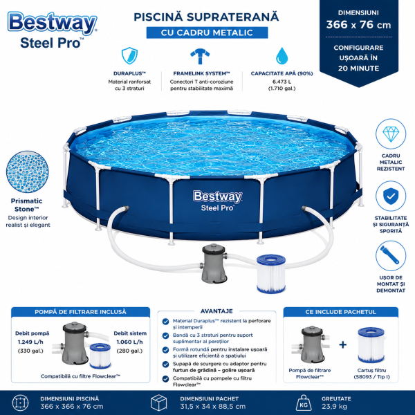 Piscina cu Pompa de Filtrare si Filtru Bestway Steel Pro, Cadru Metalic, Dimensiune 3.66m x 76cm