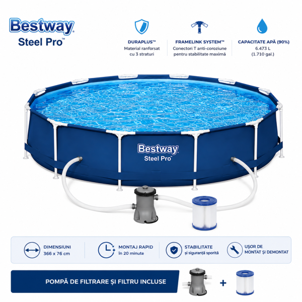 Piscina cu Pompa de Filtrare si Filtru Bestway Steel Pro, Cadru Metalic, Dimensiune 3.66m x 76cm