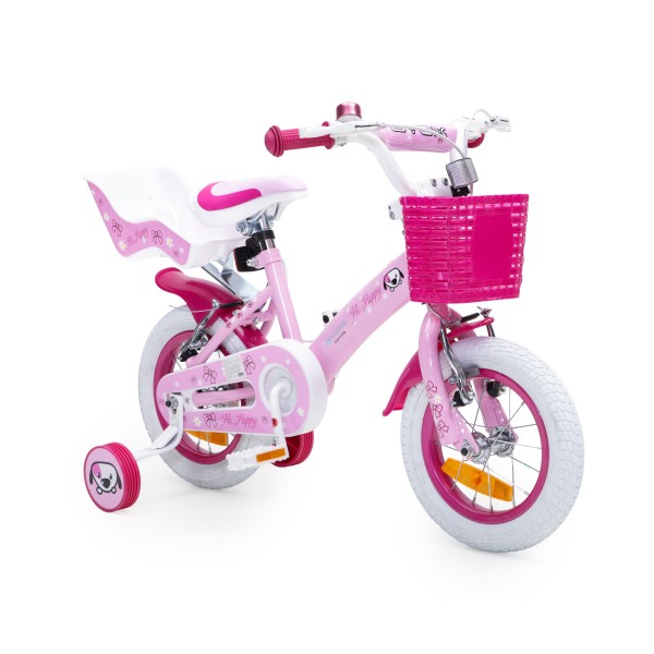 Bicicleta pentru fetite cu roti ajutatoare Byox Puppy 12 inch Roz, varsta 3-4 ani, accesorii incluse