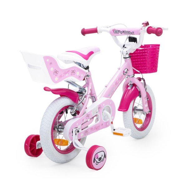 Bicicleta pentru fetite cu roti ajutatoare Byox Puppy 12 inch Roz, varsta 3-4 ani, accesorii incluse