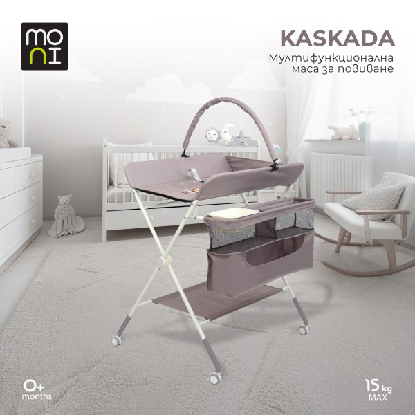 Masa de Infasat Multifunctionala Moni Kaskada Grey, Pliabila, Reglabila pe Inaltime, cu Roti si Organizator, 0-15 kg