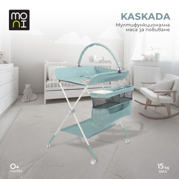 Masa de Infasat Multifunctionala Moni Kaskada Mint, Pliabila, Reglabila pe Inaltime, cu Roti si Organizator, 0-15 kg