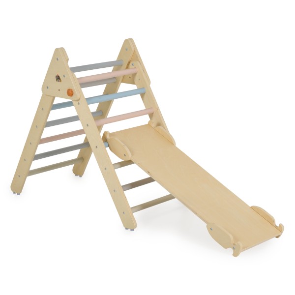 Triunghi Pikler 3 în 1 Moni Toys din Lemn de Fag, Arc Cățărat și Rampă Tobogan, 3 Ani+