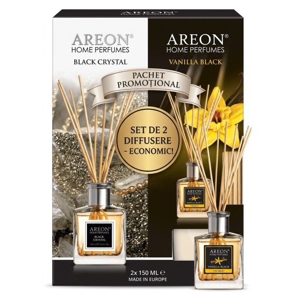 Set 2 Bucati Parfum Camera Areon Home Perfume 150 ml, Vanilla Black si Black Crystal, cu Betisoare