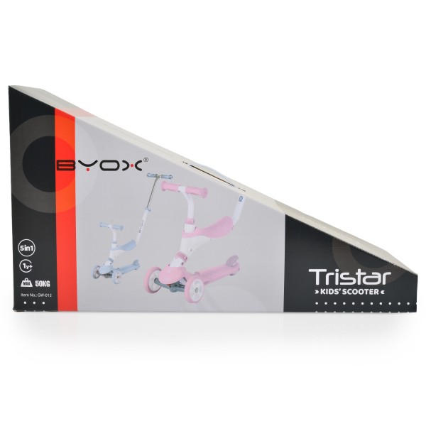 Trotineta copii 3 in 1 Byox Tristar Blue, cu scaun, control parental si ghidon reglabil, 3-6 ani, max 50 kg