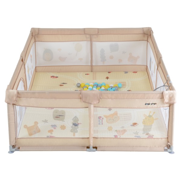 Țarc de joacă Moni GameZone Beige, 6-36 luni, 200x180 cm, covoras XPE, bile colorate, cos baschet, pliabil