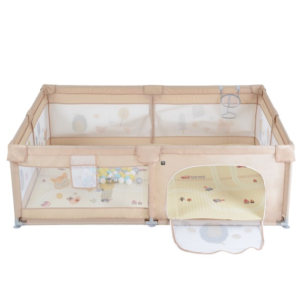 Țarc de joacă Moni GameZone Beige, 6-36 luni, 200x180 cm, covoras XPE, bile colorate, cos baschet, pliabil