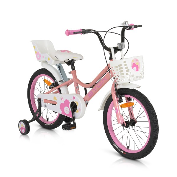 Bicicleta copii cu roti ajutatoare Byox Quincy Pink 18 inch, varsta recomandata 5 - 9 ani, accesorii incluse