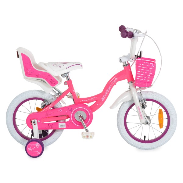 Bicicleta copii Byox Flower 14 inch, 3-5 ani, roti ajutatoare, frane V brake, cos fata, cadru metalic