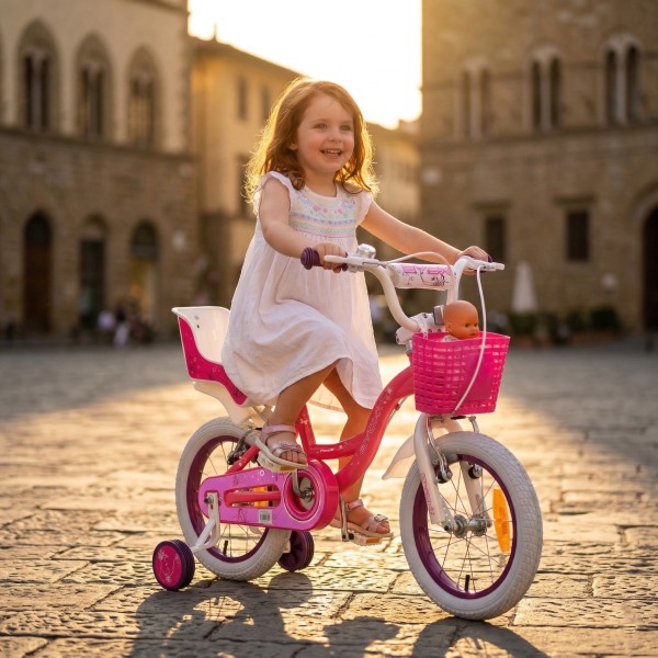 Bicicleta copii Byox Flower 14 inch, 3-5 ani, roti ajutatoare, frane V brake, cos fata, cadru metalic