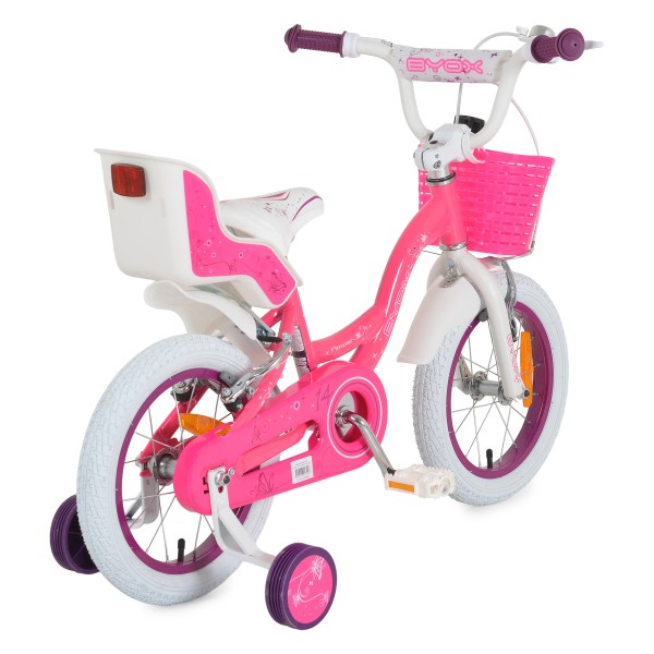 Bicicleta copii Byox Flower 14 inch, 3-5 ani, roti ajutatoare, frane V brake, cos fata, cadru metalic