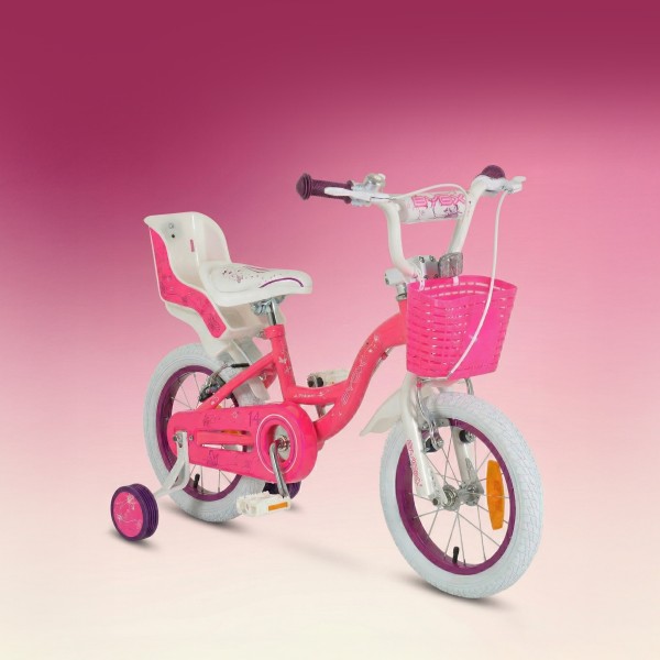 Bicicleta copii Byox Flower 14 inch, 3-5 ani, roti ajutatoare, frane V brake, cos fata, cadru metalic